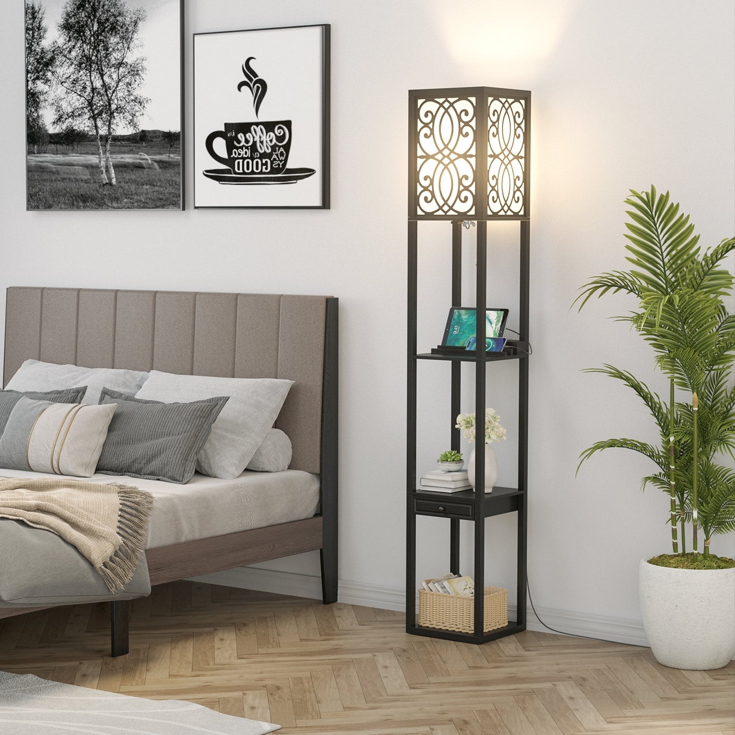 Modern Floor Lamp with Storage Shelves, Power Outlet & USB Charging Ports