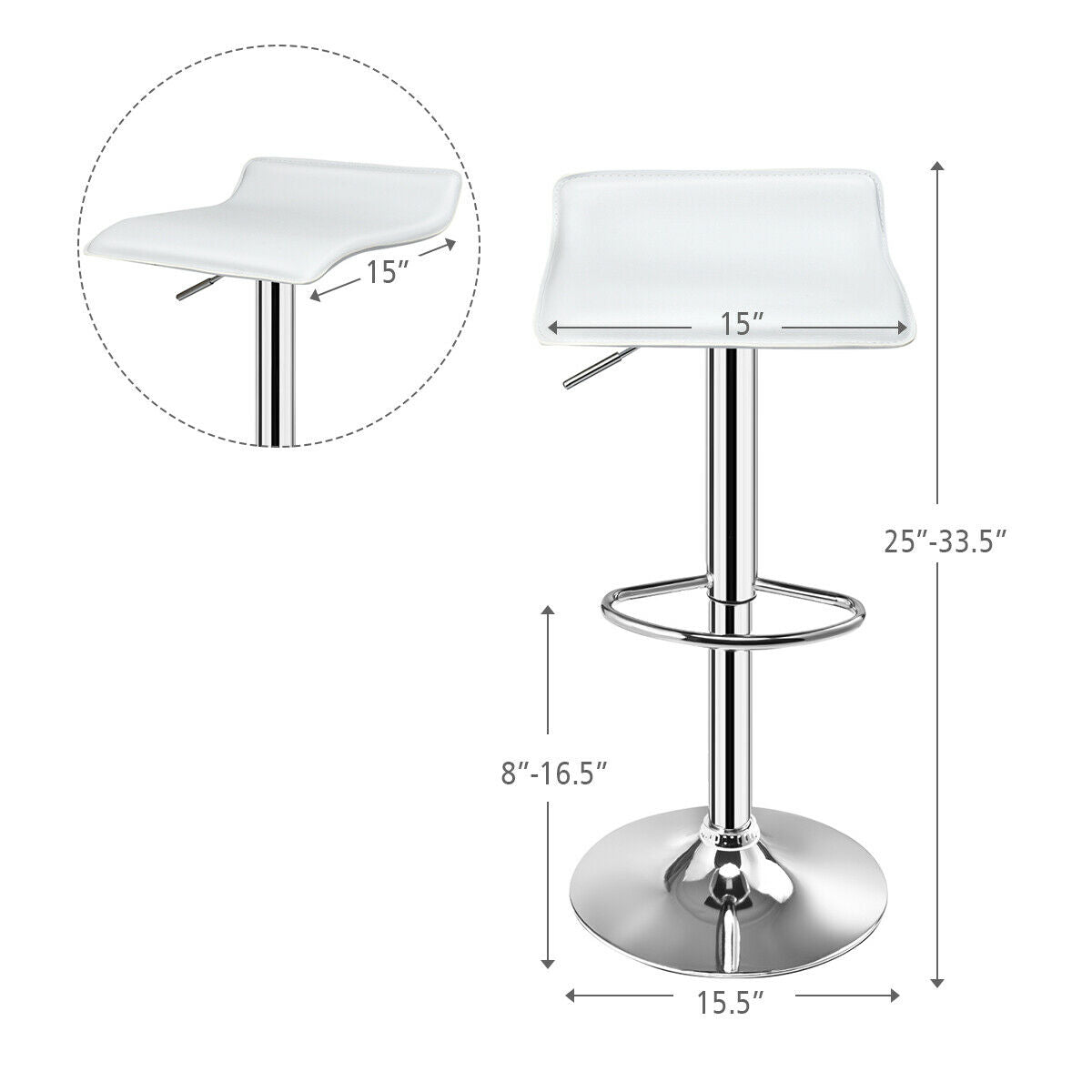 Set of 2 Adjustable Backless Bar Stools with PU Leather Seats and Chrome Steel Base in White