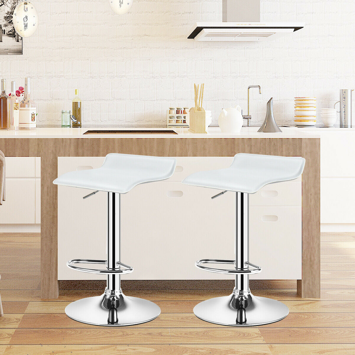 Set of 2 Adjustable Backless Bar Stools with PU Leather Seats and Chrome Steel Base in White