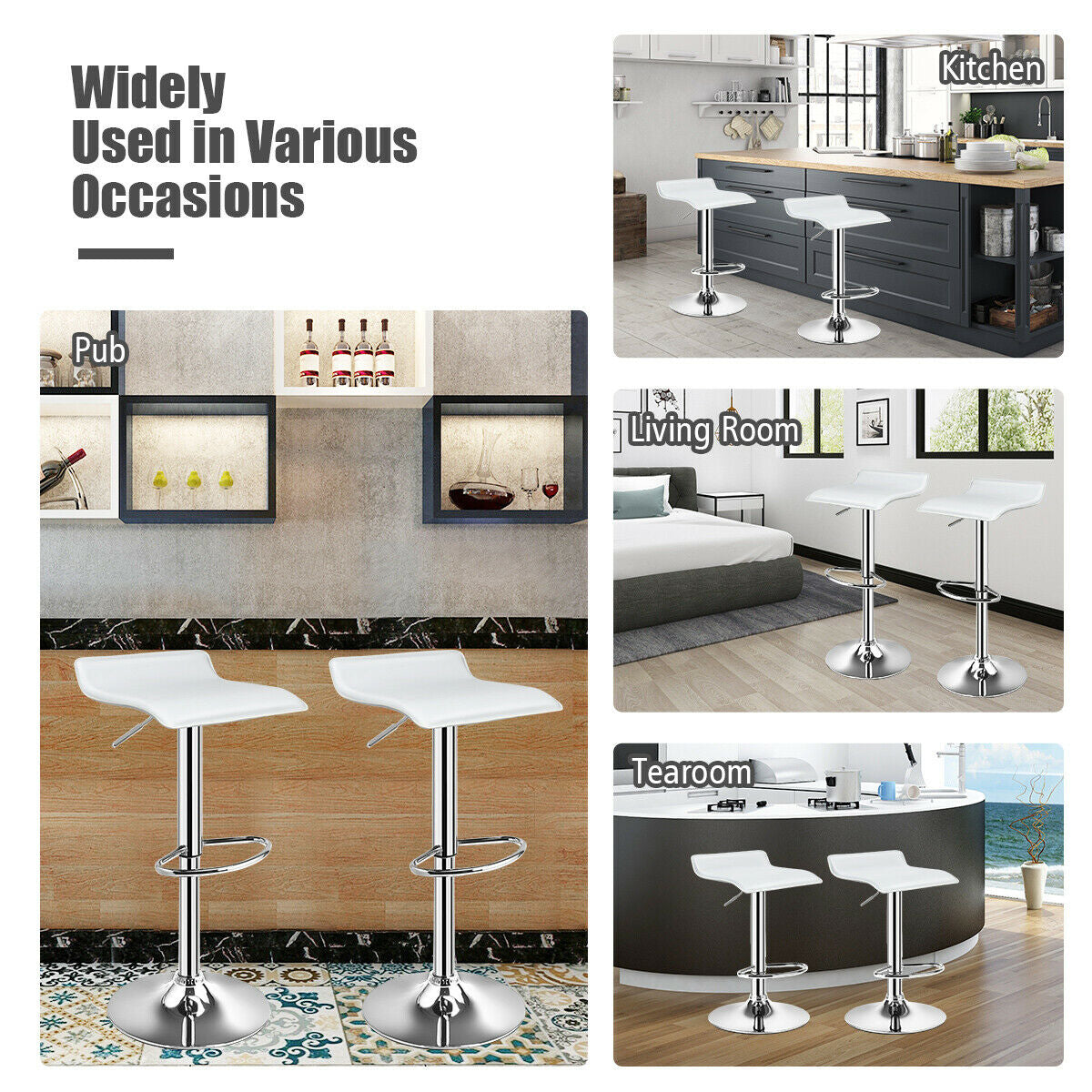 Set of 2 Adjustable Backless Bar Stools with PU Leather Seats and Chrome Steel Base in White