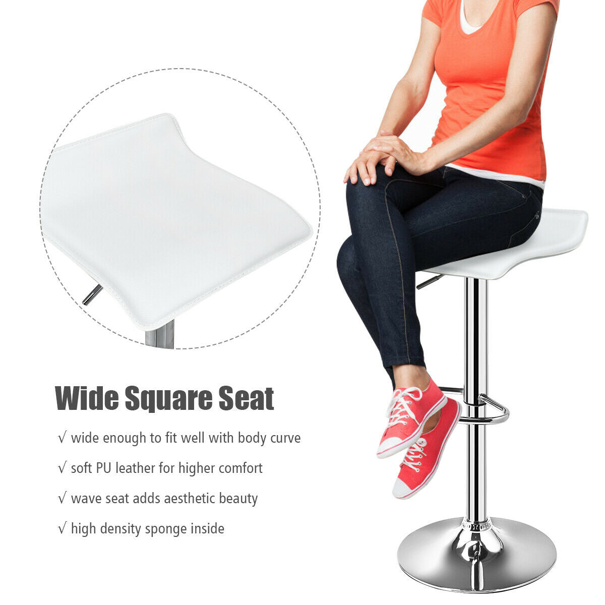 Set of 2 Adjustable Backless Bar Stools with PU Leather Seats and Chrome Steel Base in White