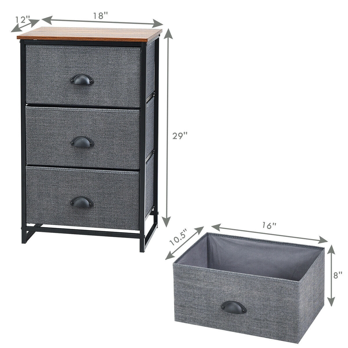 3-Drawer Fabric Dresser with Wood Top – Storage Tower Organizer, Black