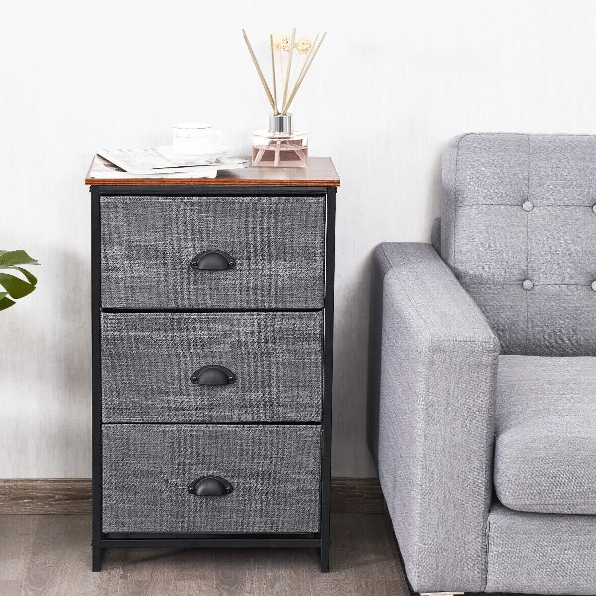 3-Drawer Fabric Dresser with Wood Top – Storage Tower Organizer, Black