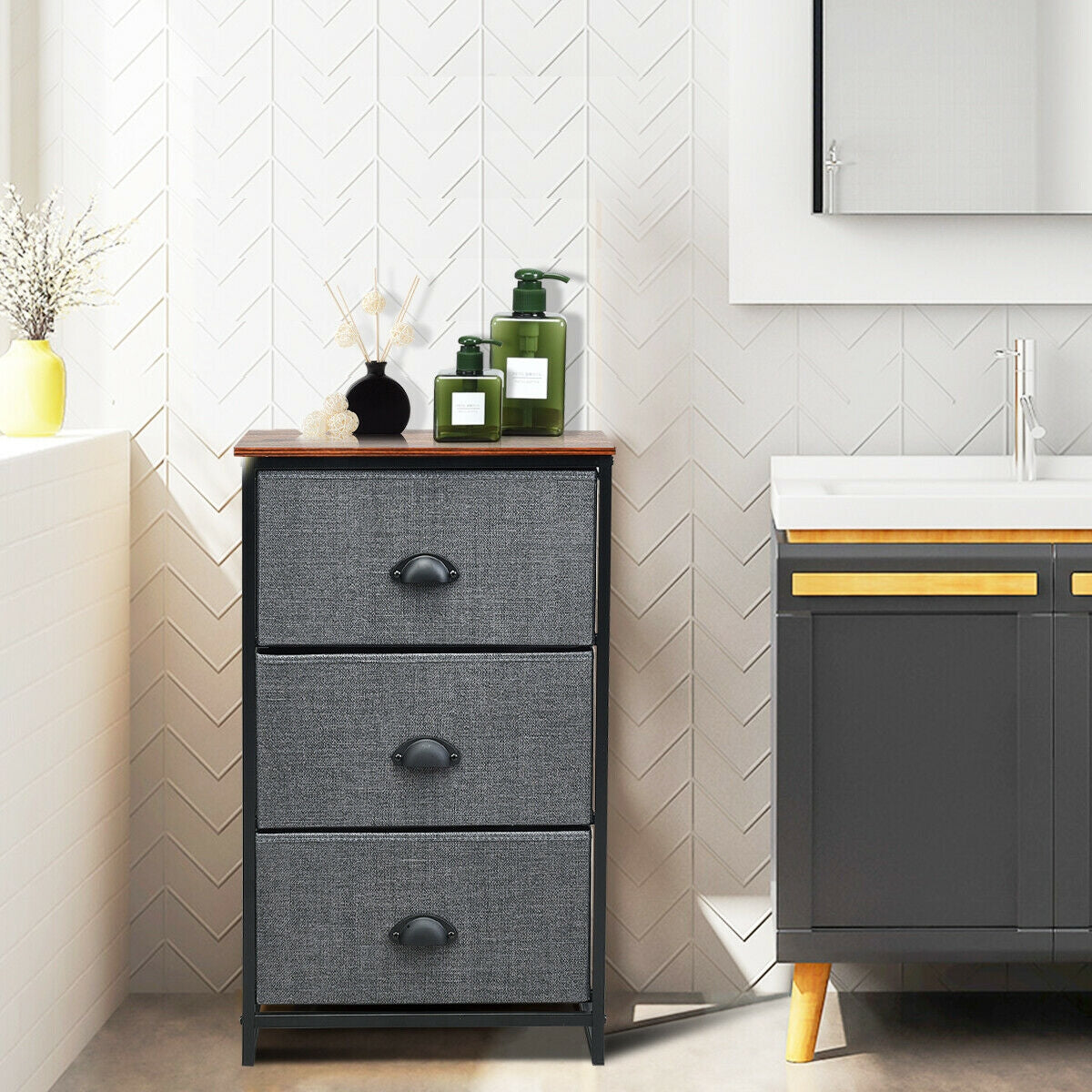 3-Drawer Fabric Dresser with Wood Top – Storage Tower Organizer, Black