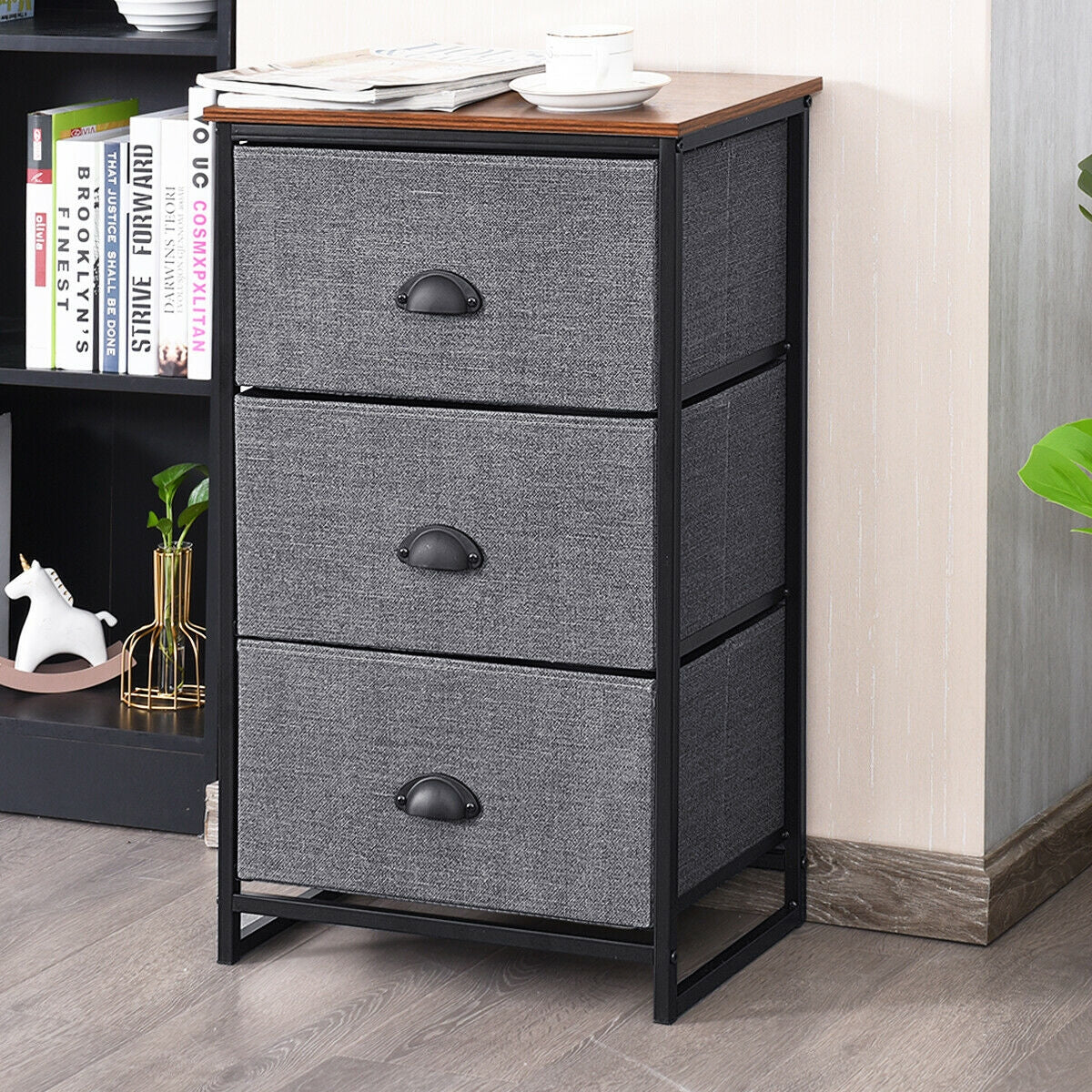 3-Drawer Fabric Dresser with Wood Top – Storage Tower Organizer, Black