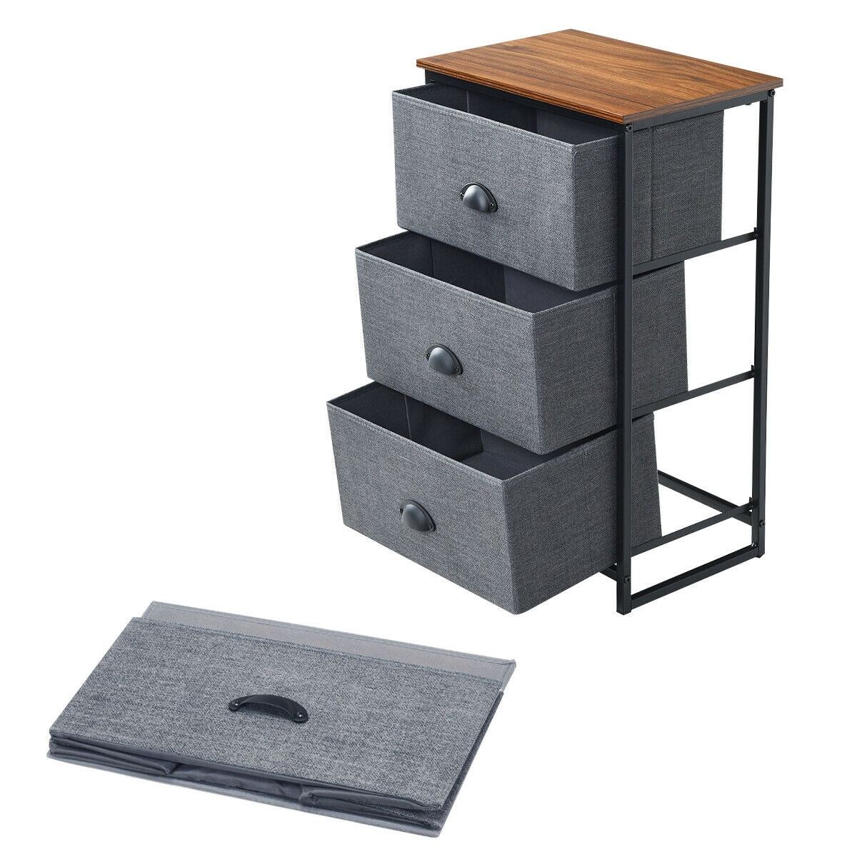 3-Drawer Fabric Dresser with Wood Top – Storage Tower Organizer, Black