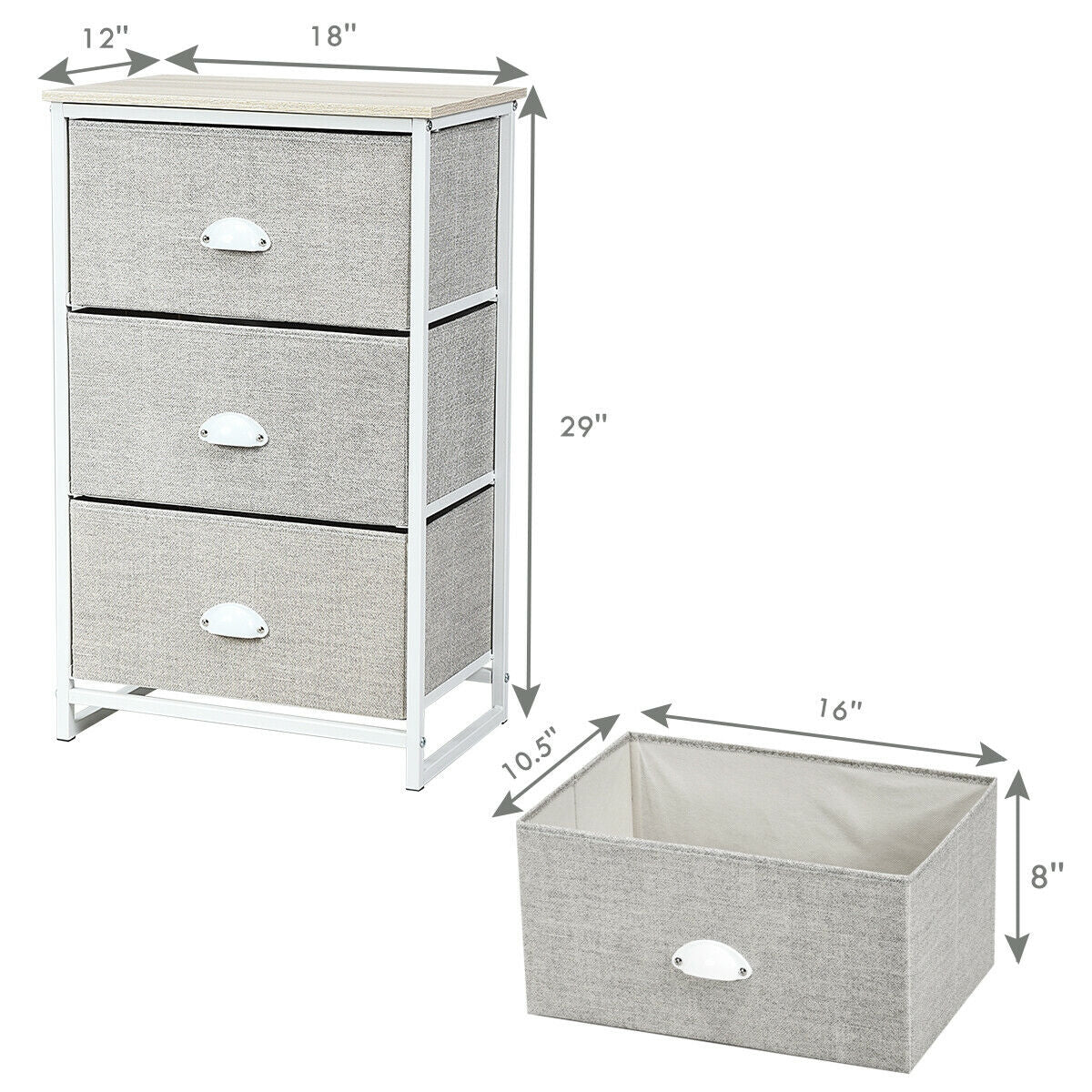 3-Drawer Fabric Dresser with Wood Top – Storage Tower Organizer, Grey