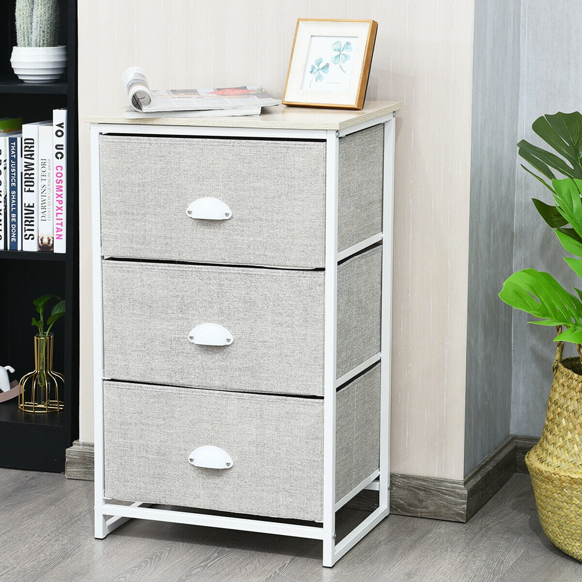 3-Drawer Fabric Dresser with Wood Top – Storage Tower Organizer, Grey