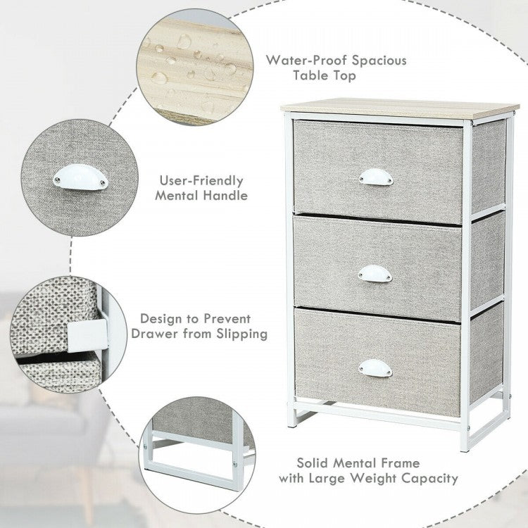 3-Drawer Fabric Dresser with Wood Top – Storage Tower Organizer, Grey
