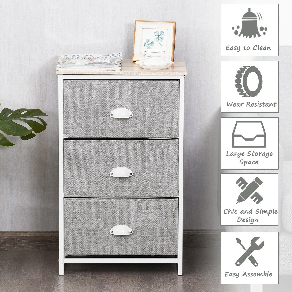 3-Drawer Fabric Dresser with Wood Top – Storage Tower Organizer, Grey