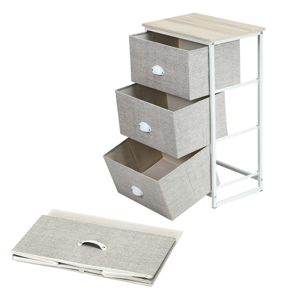3-Drawer Fabric Dresser with Wood Top – Storage Tower Organizer, Grey