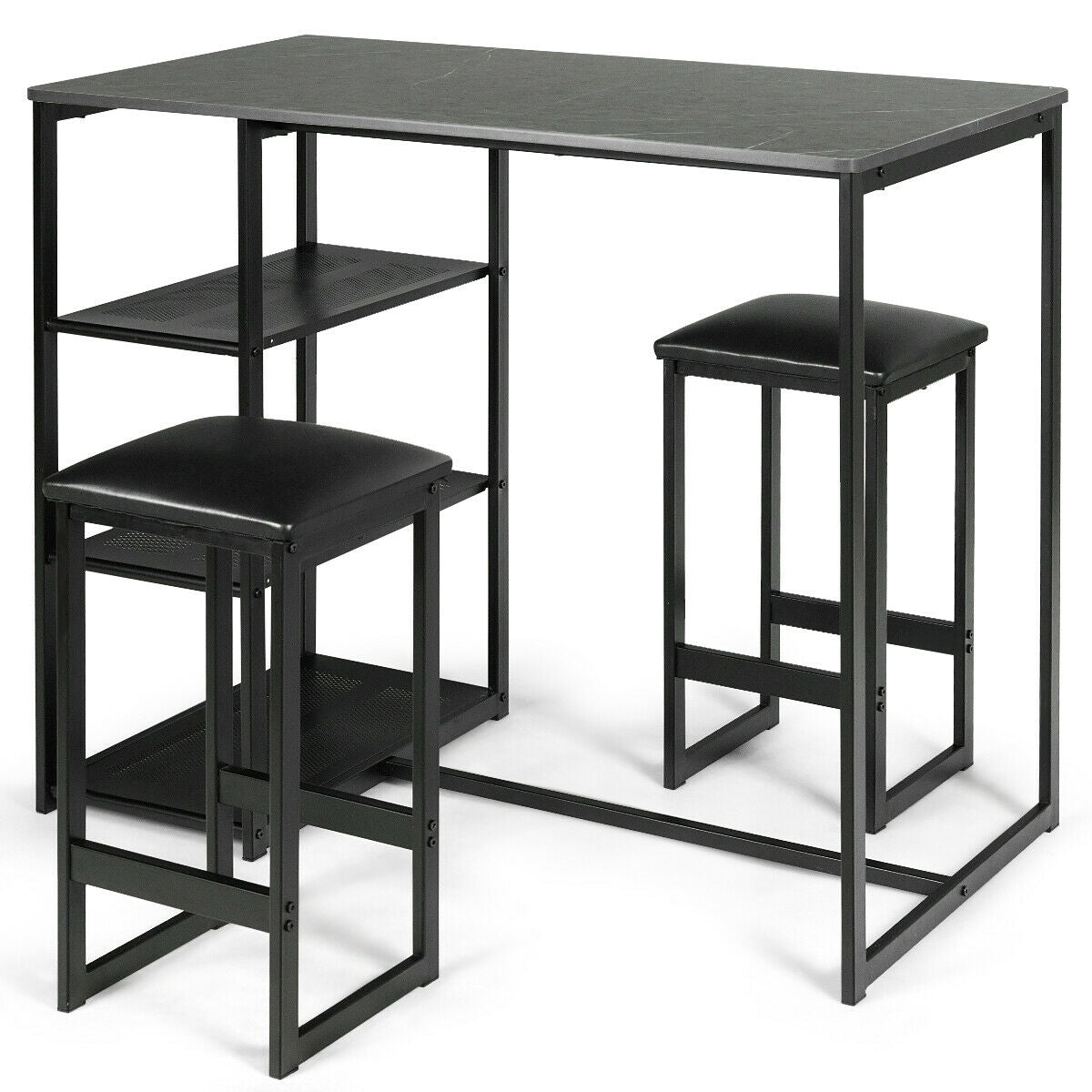 3 Piece Dining Set with Faux Marble Table and Upholstered Stools Black
