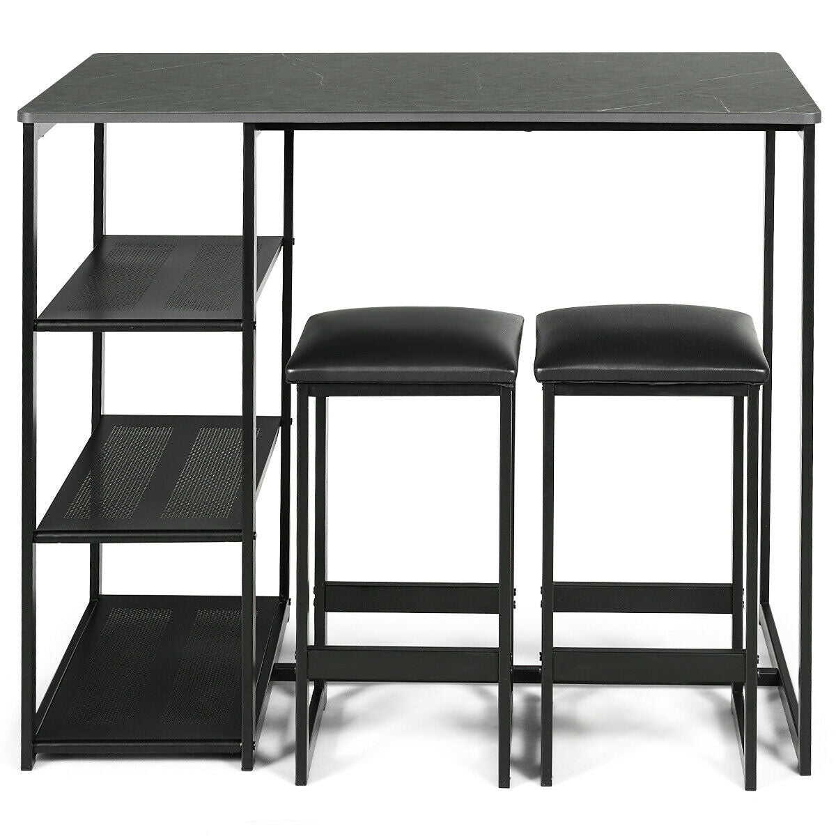 3 Piece Dining Set with Faux Marble Table and Upholstered Stools Black