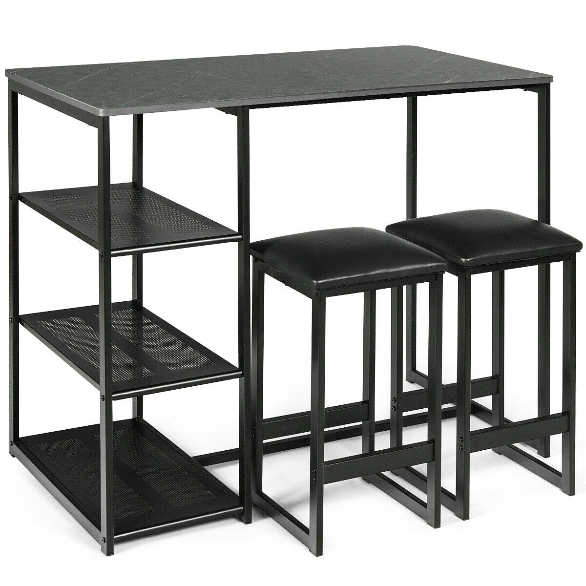 3 Piece Dining Set with Faux Marble Table and Upholstered Stools Black