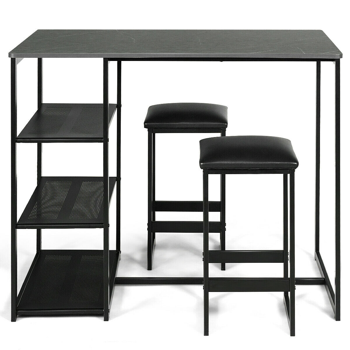 3 Piece Dining Set with Faux Marble Table and Upholstered Stools Black