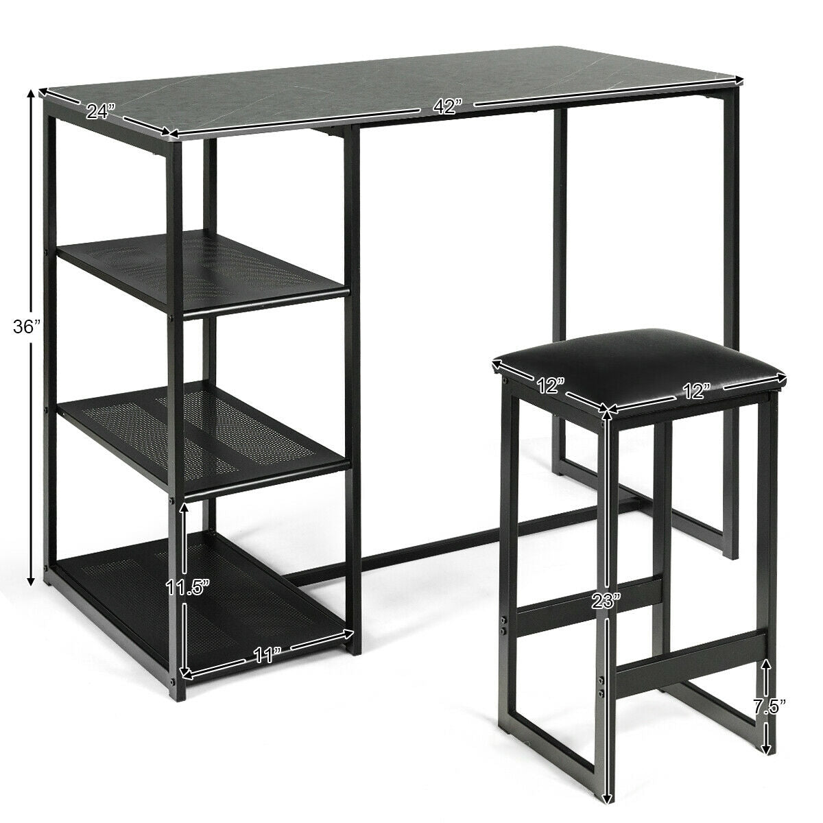 3 Piece Dining Set with Faux Marble Table and Upholstered Stools Black