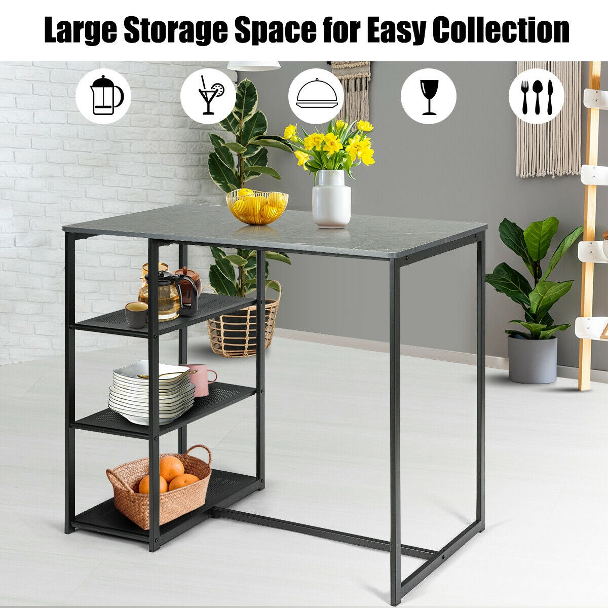 3 Piece Dining Set with Faux Marble Table and Upholstered Stools Black