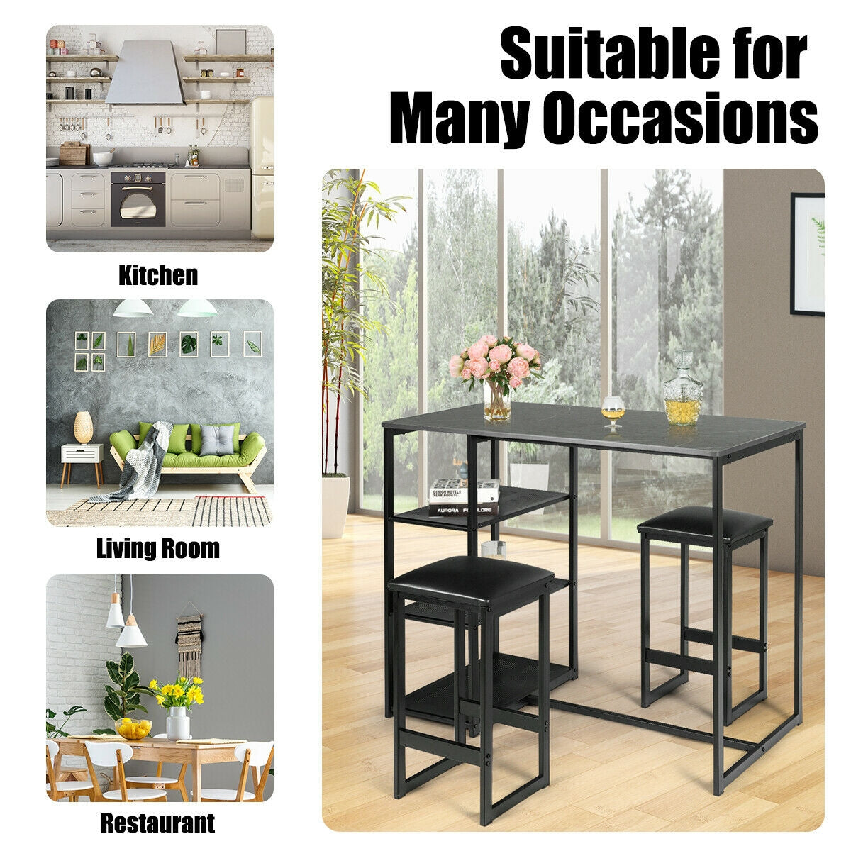 3 Piece Dining Set with Faux Marble Table and Upholstered Stools Black