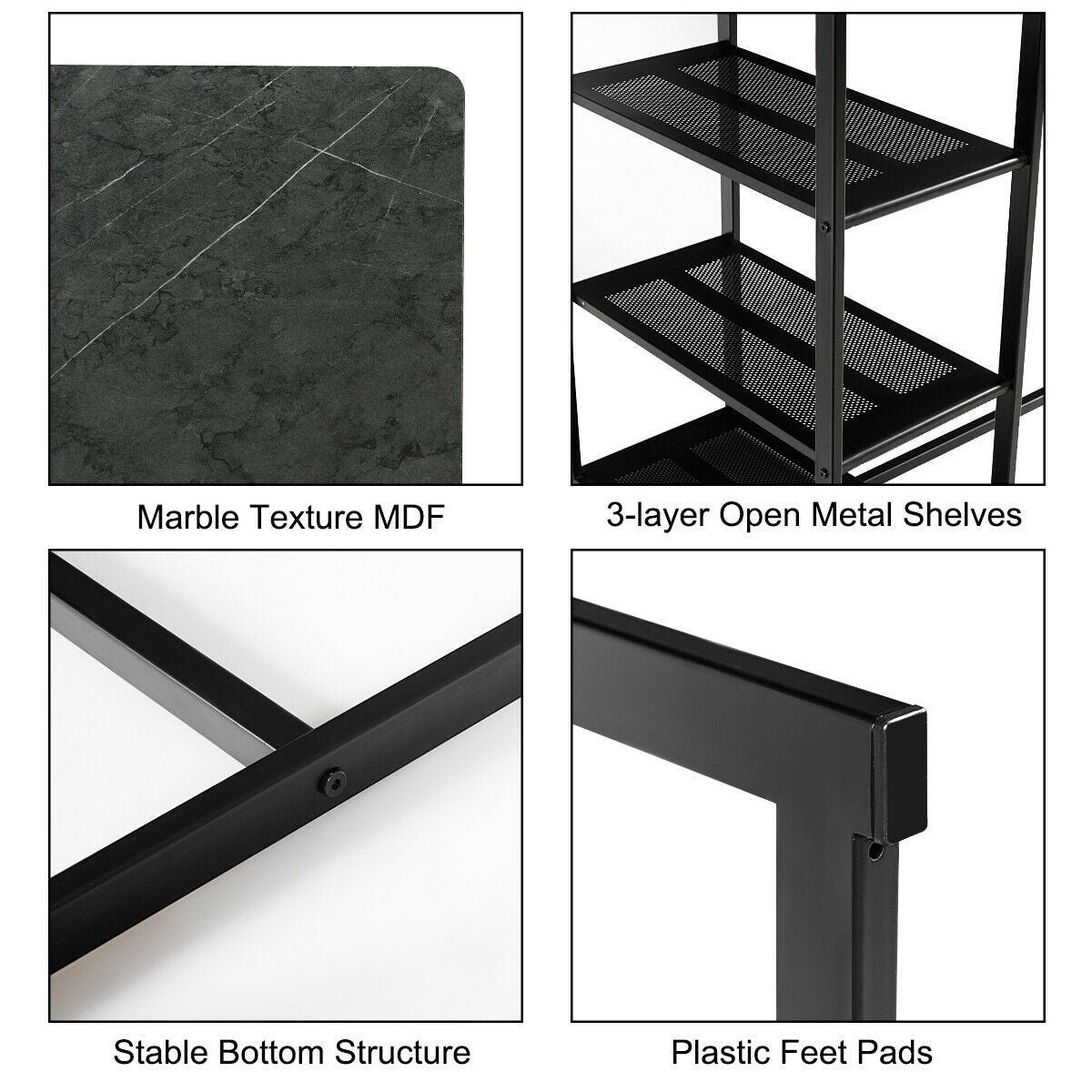 3 Piece Dining Set with Faux Marble Table and Upholstered Stools Black