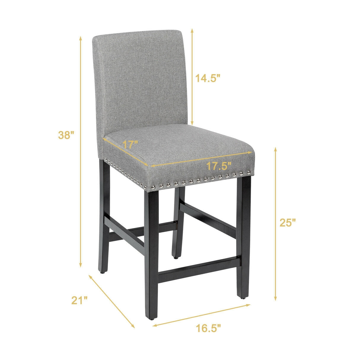 Upholstered Kitchen Chair with Rubber Wood Legs 25 Inch, Set of 2 Grey