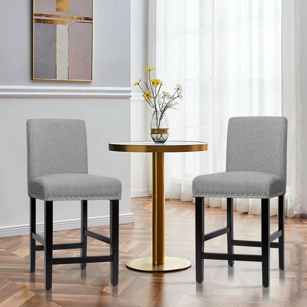 Upholstered Kitchen Chair with Rubber Wood Legs 25 Inch, Set of 2 Grey