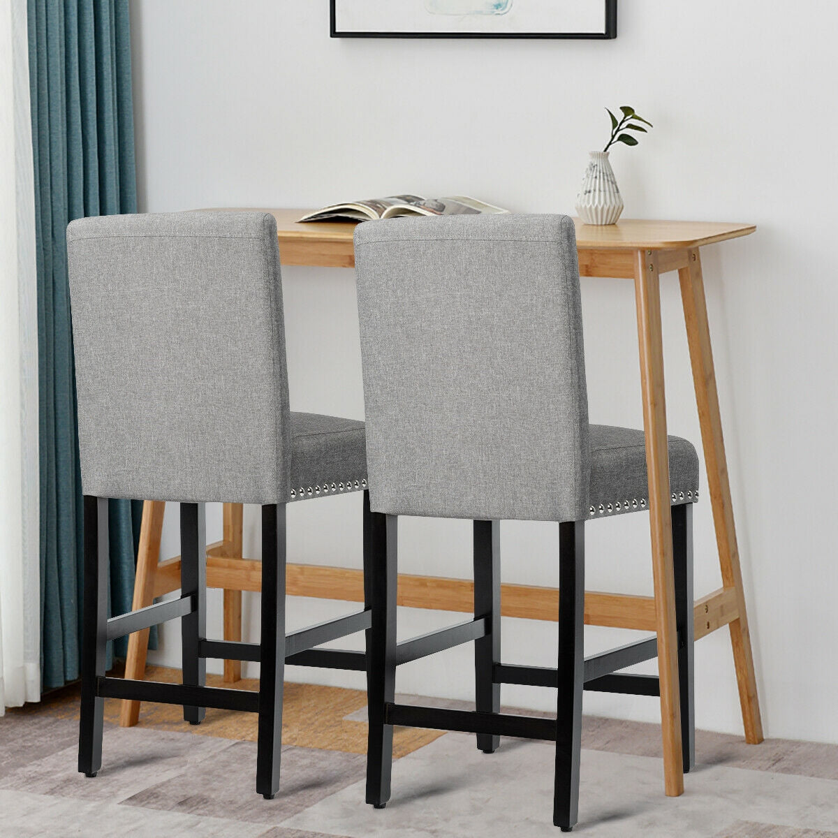 Upholstered Kitchen Chair with Rubber Wood Legs 25 Inch, Set of 2 Grey