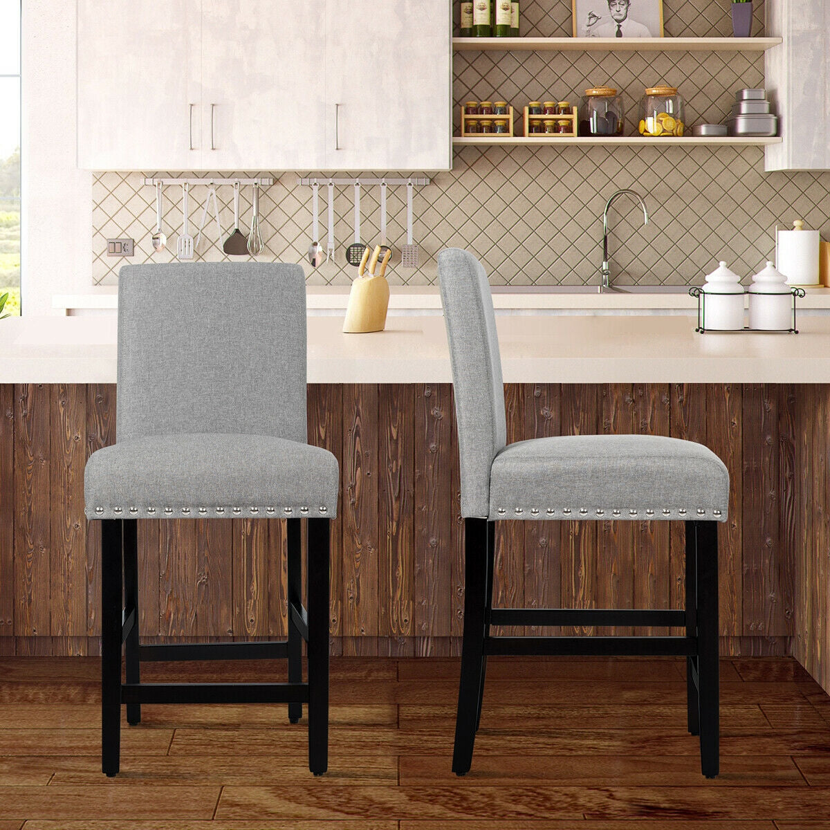 Upholstered Kitchen Chair with Rubber Wood Legs 25 Inch, Set of 2 Grey