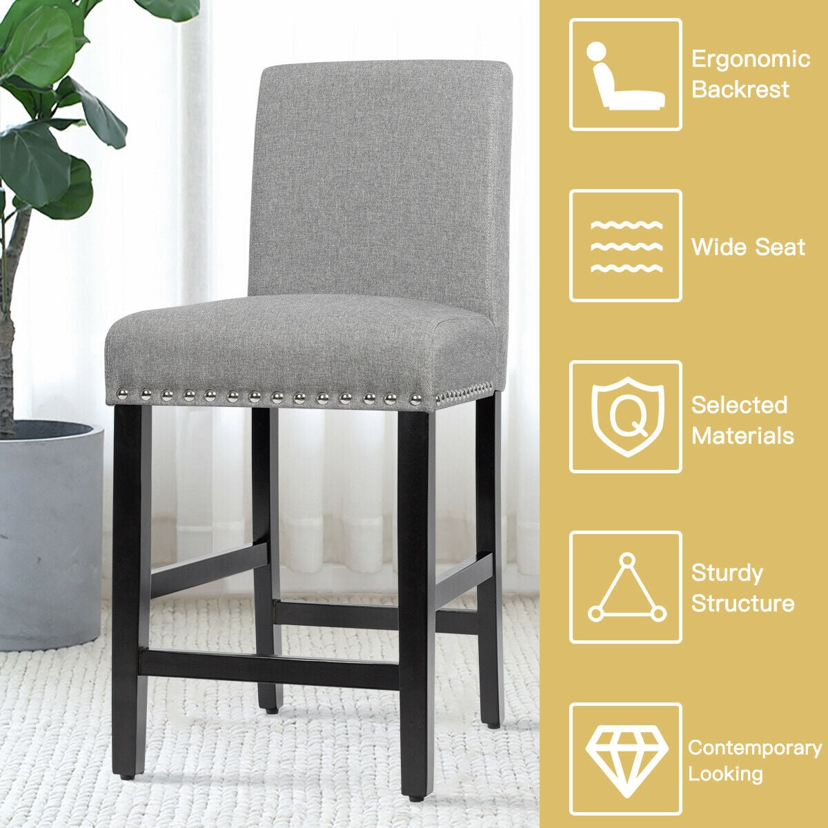 Upholstered Kitchen Chair with Rubber Wood Legs 25 Inch, Set of 2 Grey