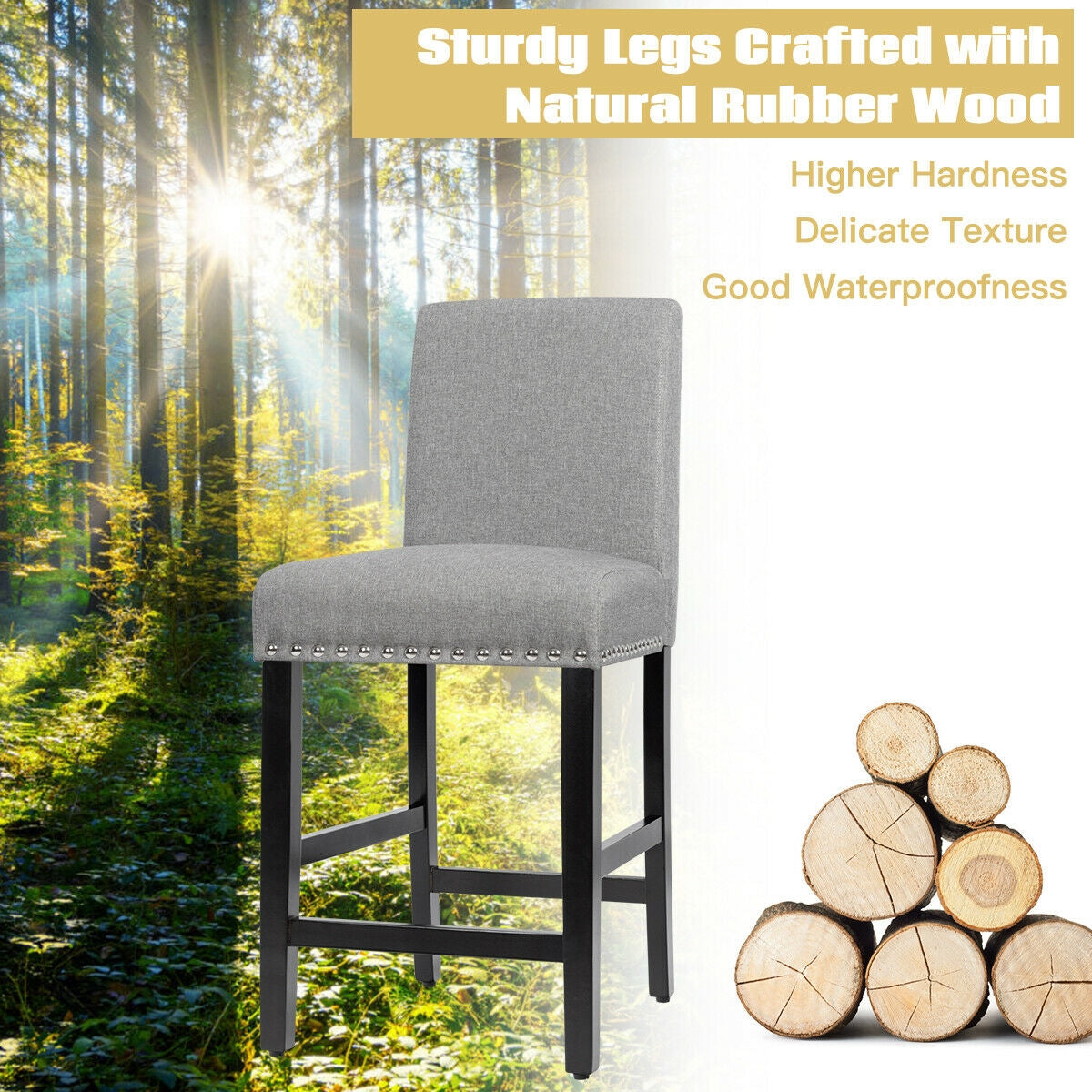 Upholstered Kitchen Chair with Rubber Wood Legs 25 Inch, Set of 2 Grey