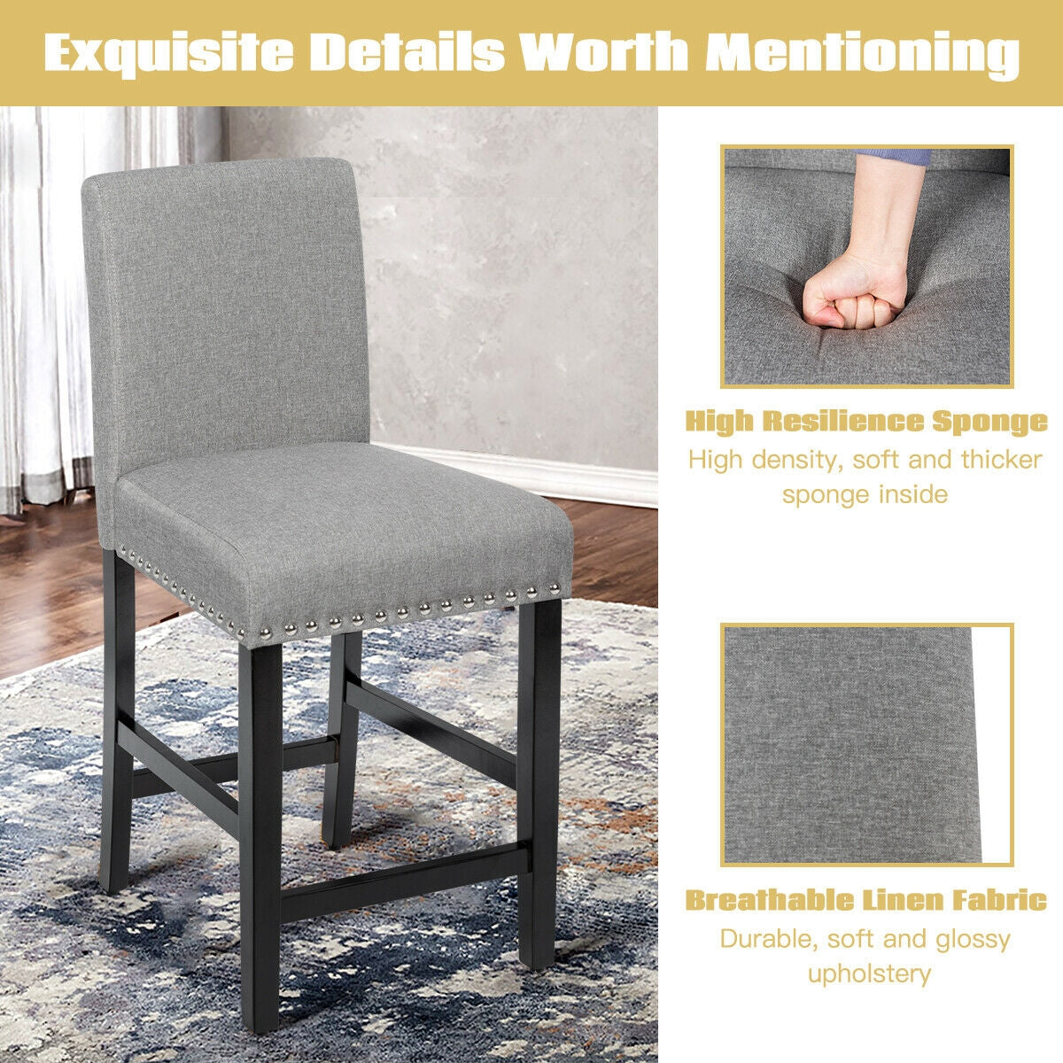 Upholstered Kitchen Chair with Rubber Wood Legs 25 Inch, Set of 2 Grey