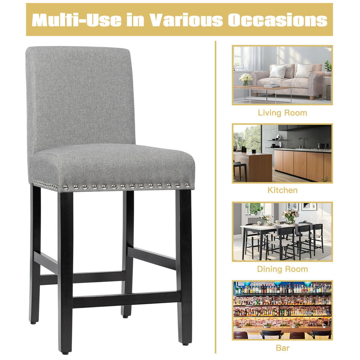 Upholstered Kitchen Chair with Rubber Wood Legs 25 Inch, Set of 2 Grey