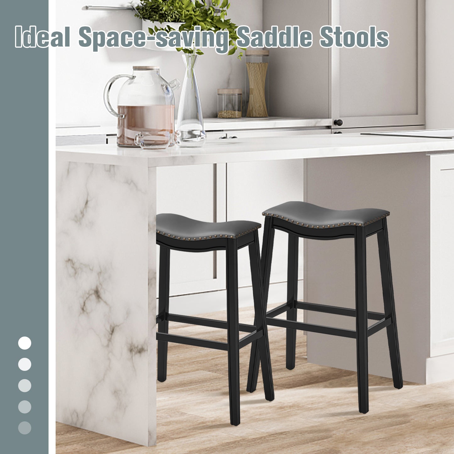 29 Inch Set of 2 Backless Bar Stools with Leather Seat, Nailhead Trim, and Black Wood Legs