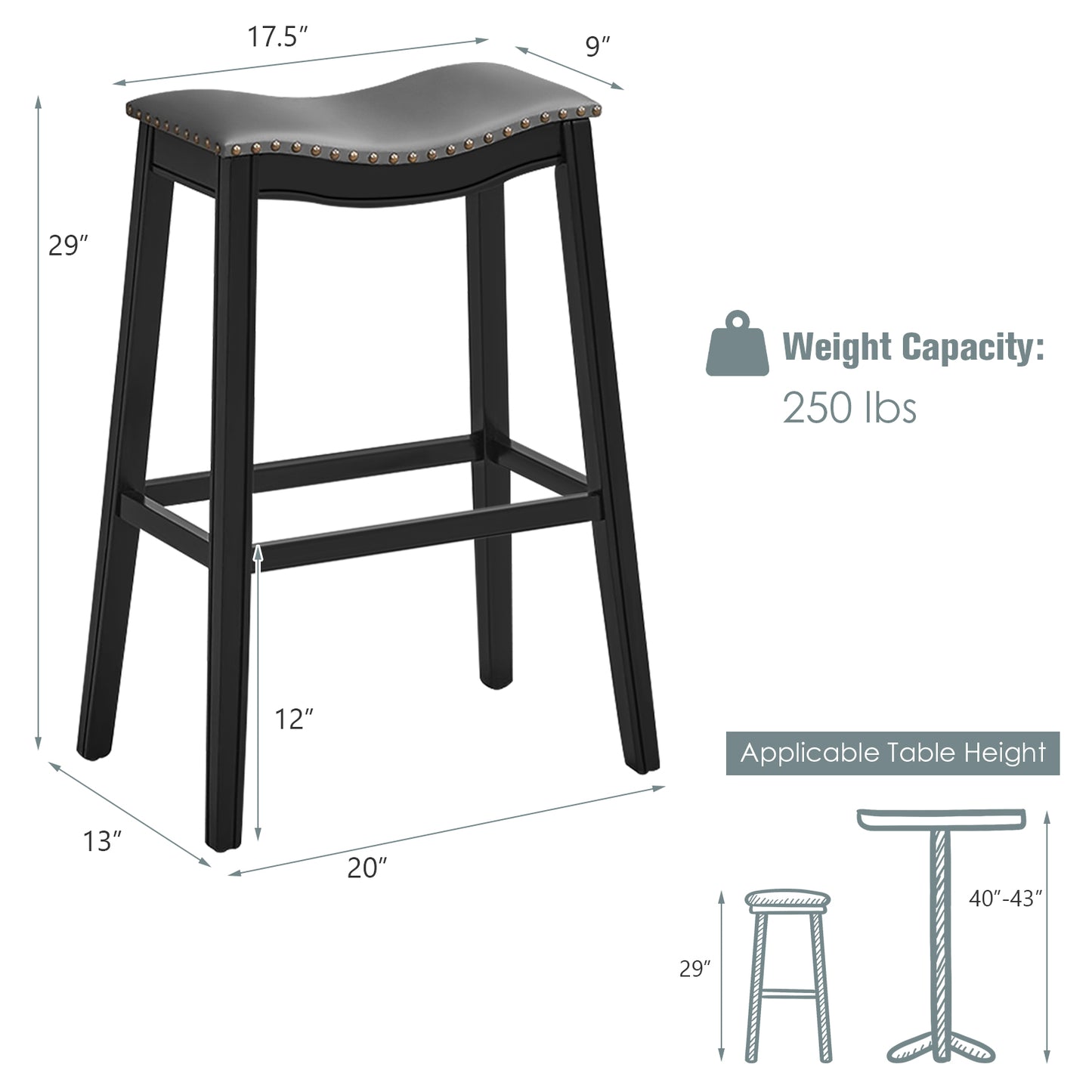 29 Inch Set of 2 Backless Bar Stools with Leather Seat, Nailhead Trim, and Black Wood Legs