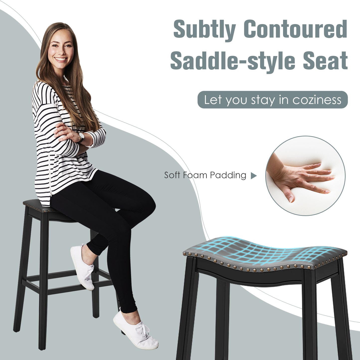 29 Inch Set of 2 Backless Bar Stools with Leather Seat, Nailhead Trim, and Black Wood Legs