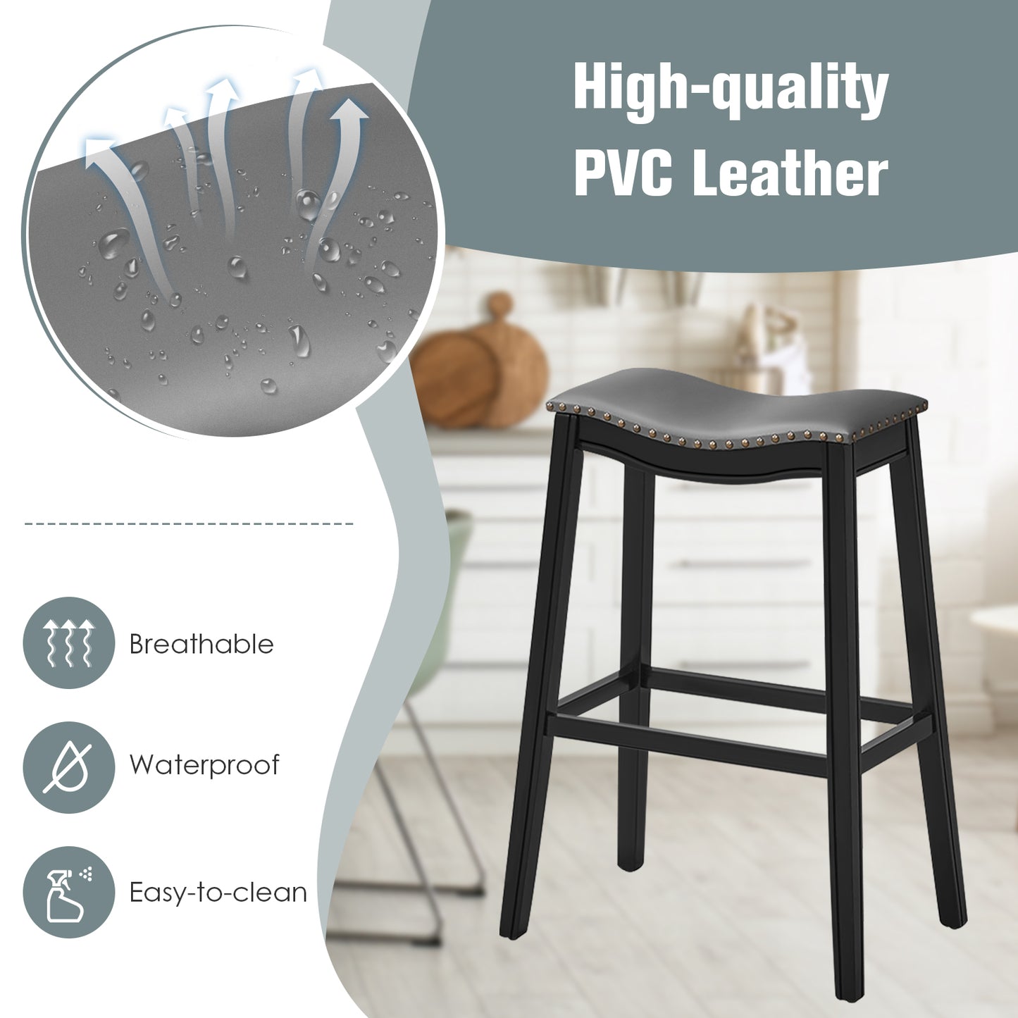 29 Inch Set of 2 Backless Bar Stools with Leather Seat, Nailhead Trim, and Black Wood Legs