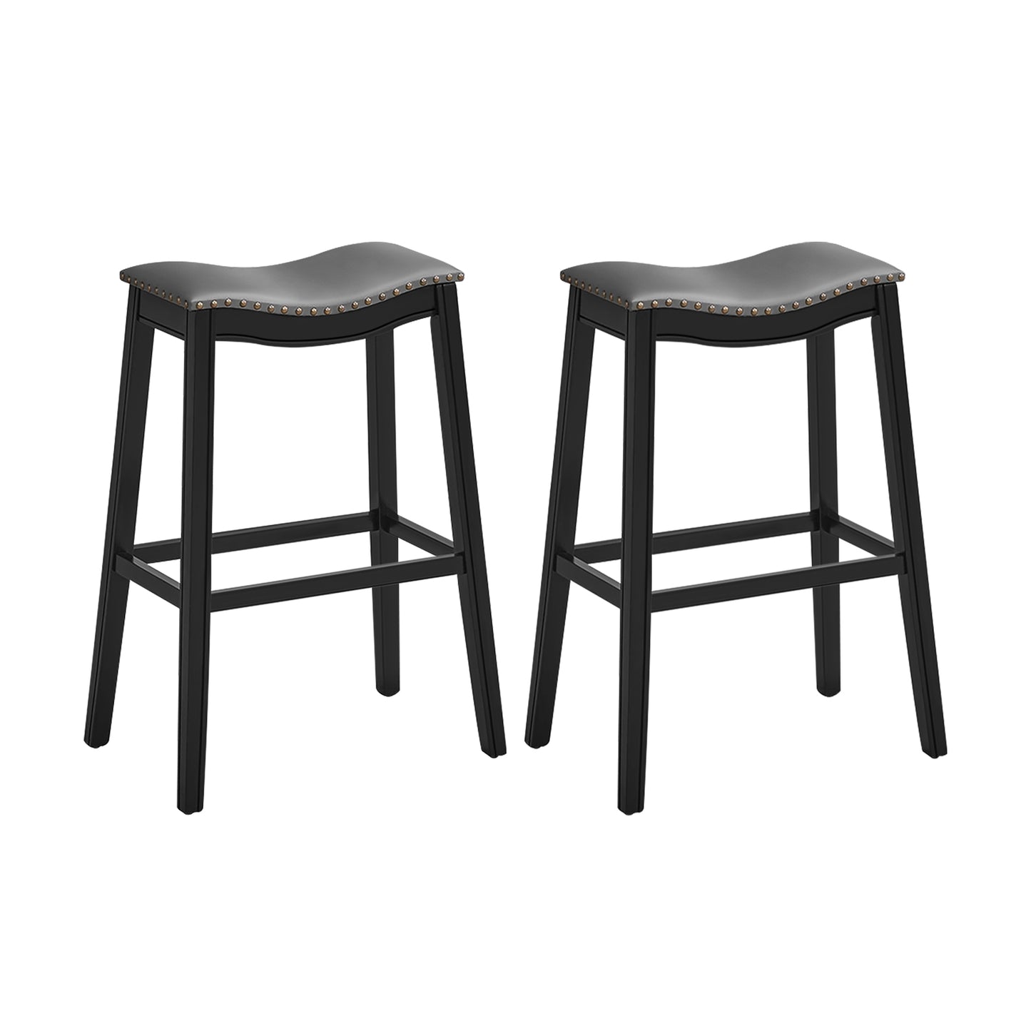 29 Inch Set of 2 Backless Bar Stools with Leather Seat, Nailhead Trim, and Black Wood Legs
