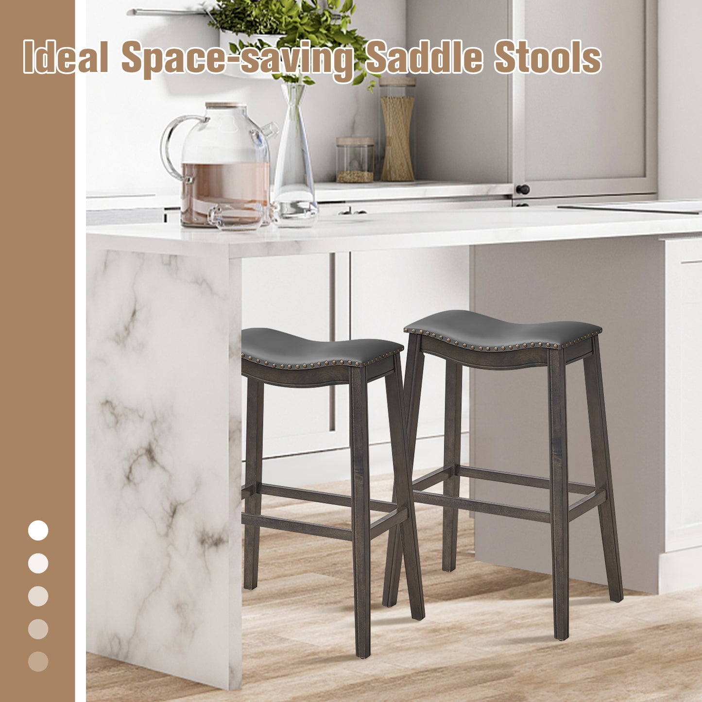 29 Inch Set of 2 Backless Bar Stools with Leather Seat, Nailhead Trim, and Grey Wood Legs