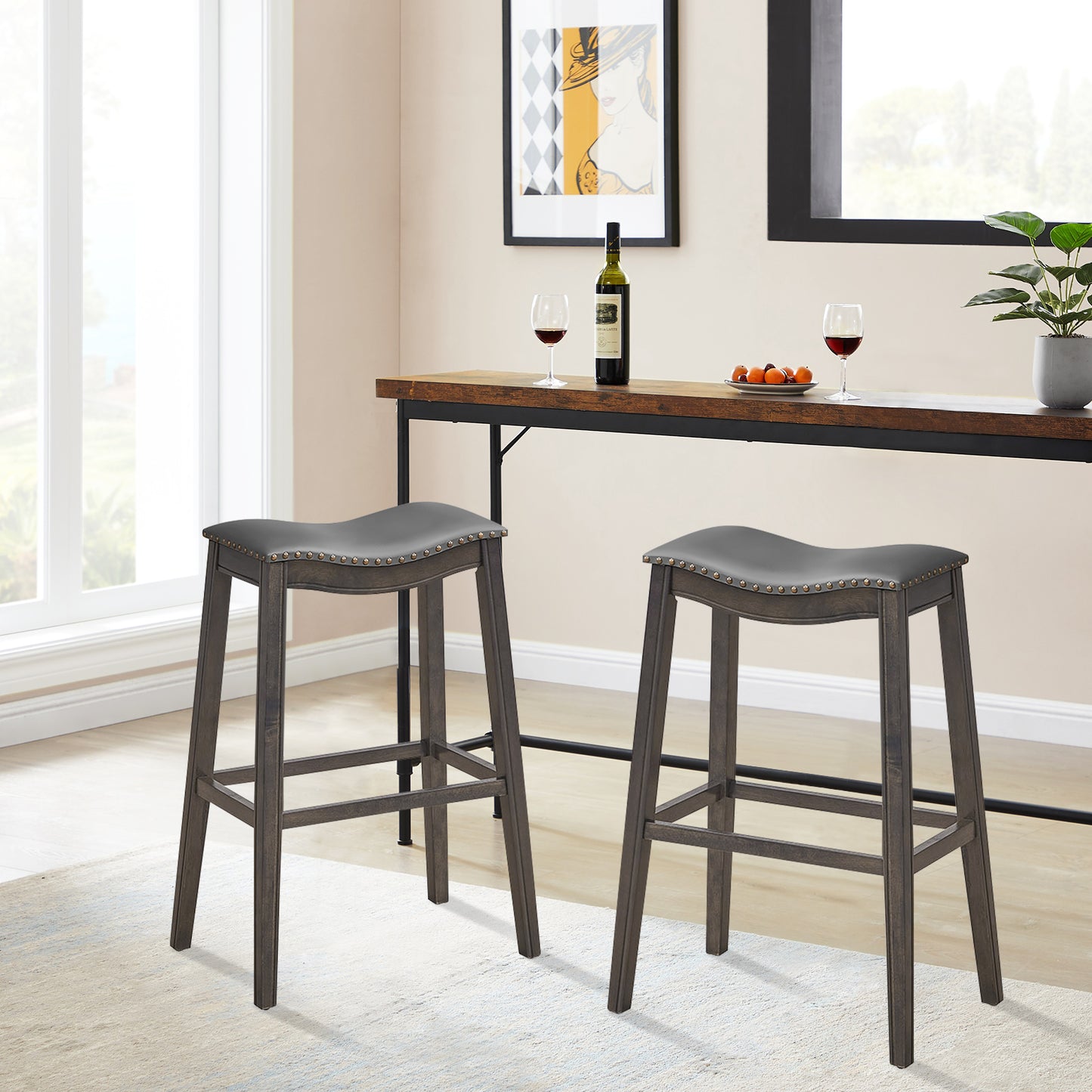29 Inch Set of 2 Backless Bar Stools with Leather Seat, Nailhead Trim, and Grey Wood Legs