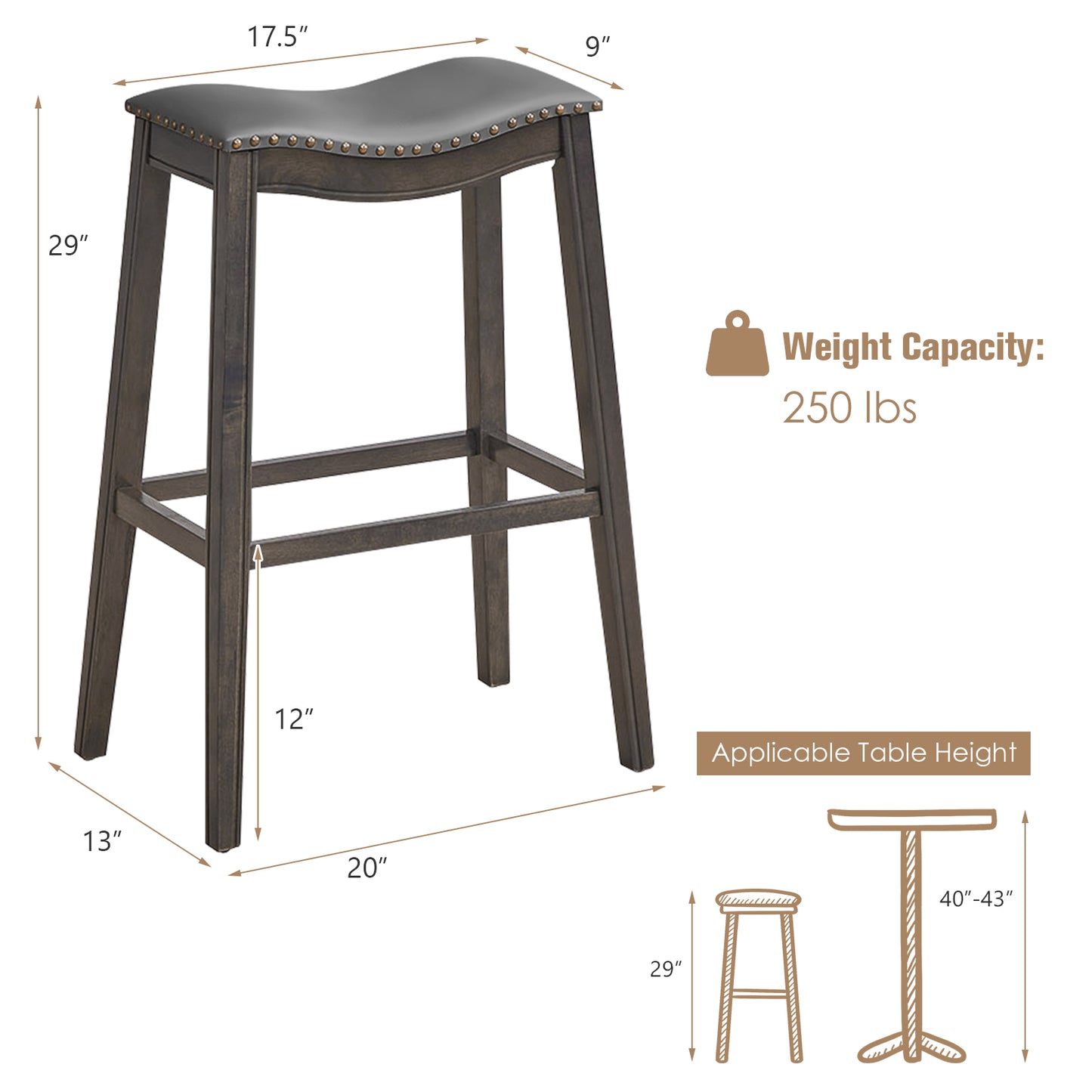 29 Inch Set of 2 Backless Bar Stools with Leather Seat, Nailhead Trim, and Grey Wood Legs