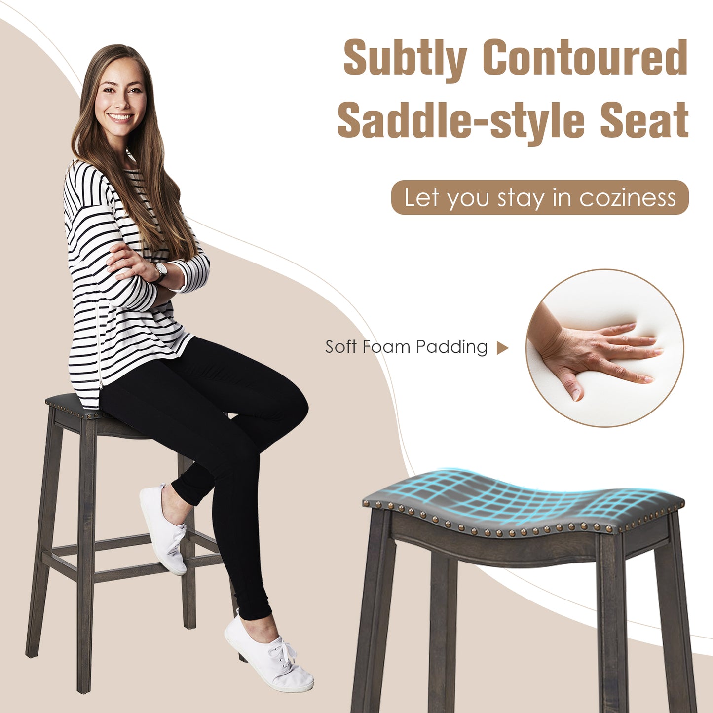 29 Inch Set of 2 Backless Bar Stools with Leather Seat, Nailhead Trim, and Grey Wood Legs