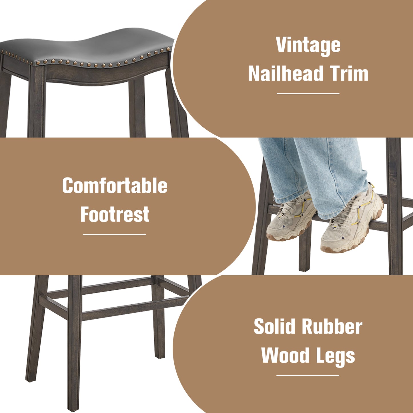 29 Inch Set of 2 Backless Bar Stools with Leather Seat, Nailhead Trim, and Grey Wood Legs