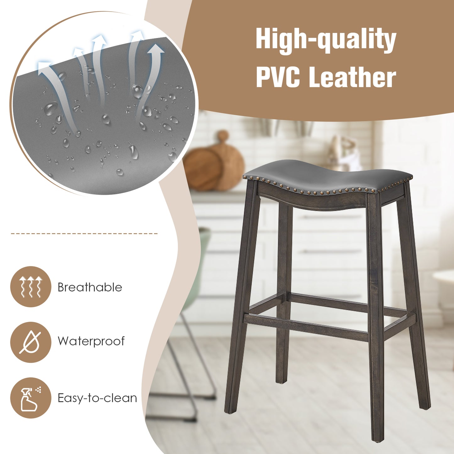 29 Inch Set of 2 Backless Bar Stools with Leather Seat, Nailhead Trim, and Grey Wood Legs