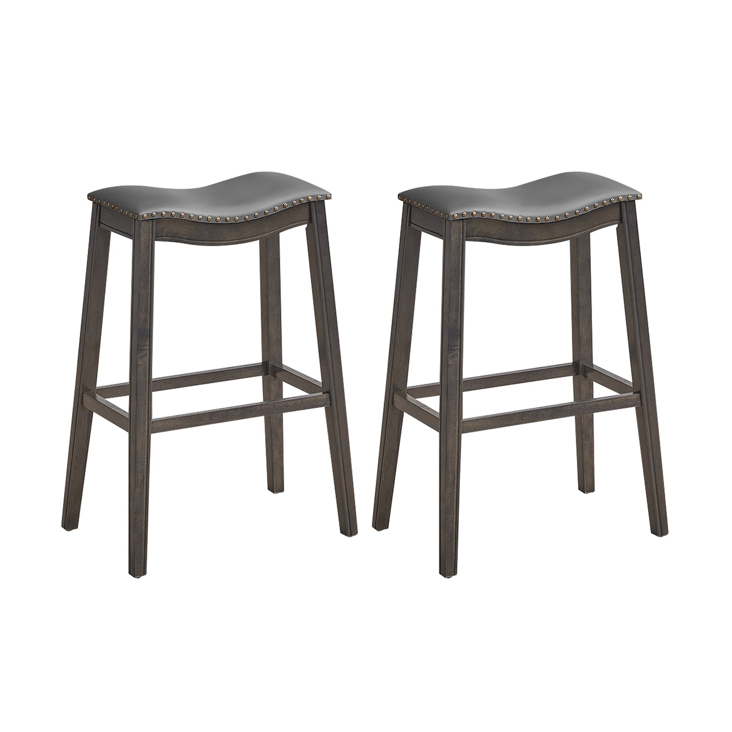29 Inch Set of 2 Backless Bar Stools with Leather Seat, Nailhead Trim, and Grey Wood Legs