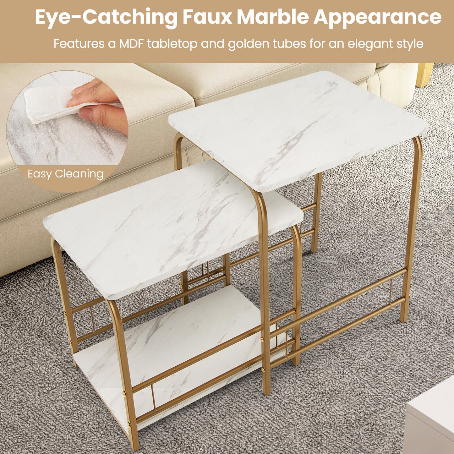 Modern Nesting End Tables with Faux Marble Top Set of 2