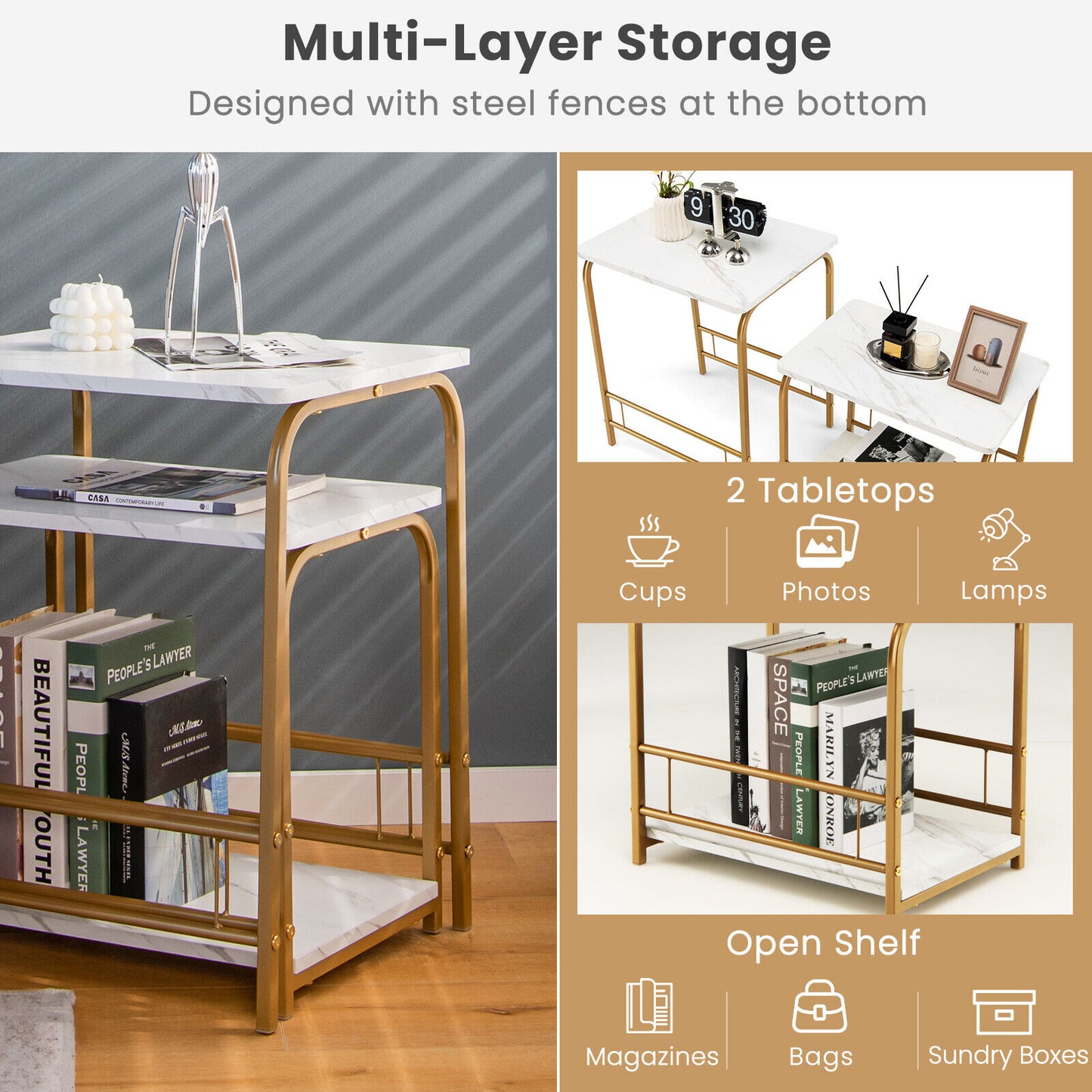 Modern Nesting End Tables with Faux Marble Top Set of 2