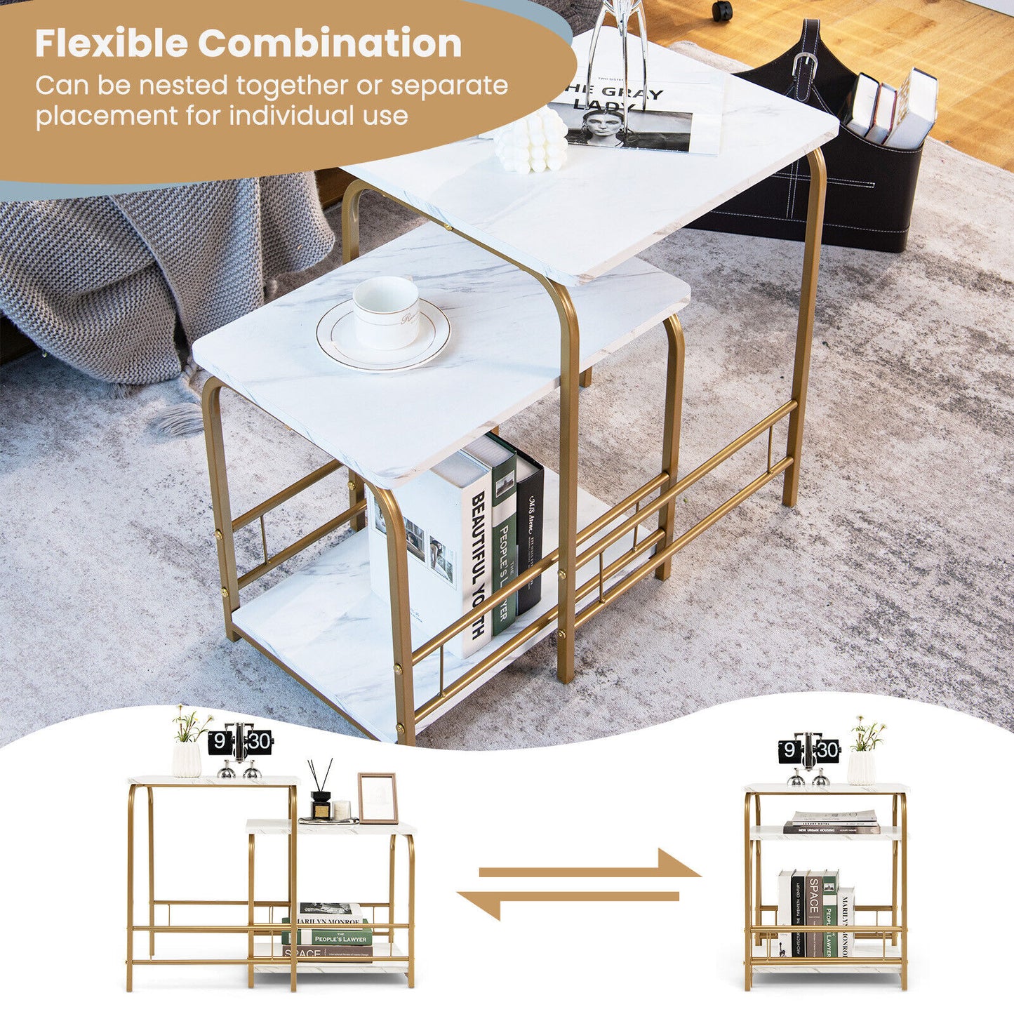 Modern Nesting End Tables with Faux Marble Top Set of 2