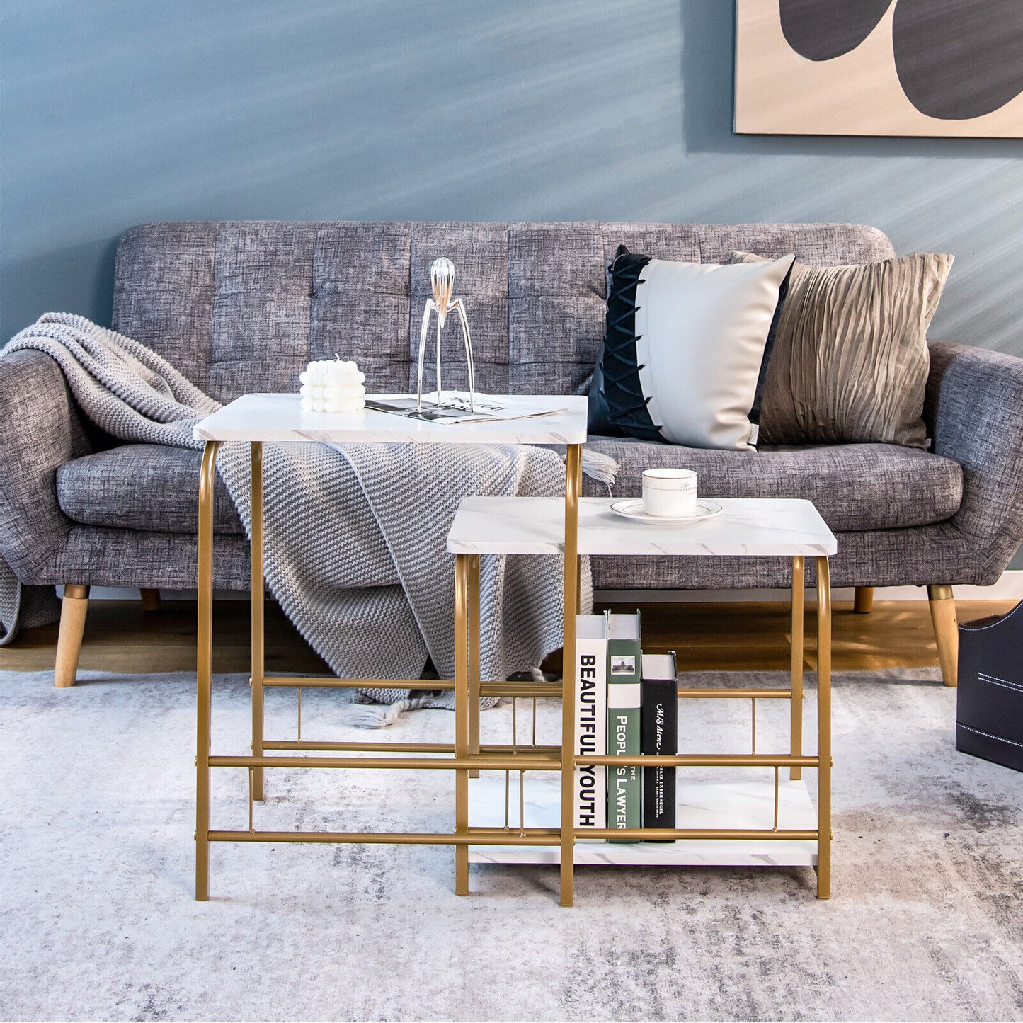 Modern Nesting End Tables with Faux Marble Top Set of 2