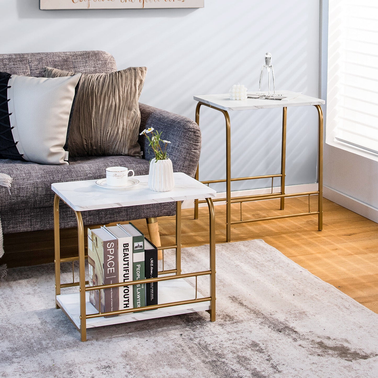 Modern Nesting End Tables with Faux Marble Top Set of 2