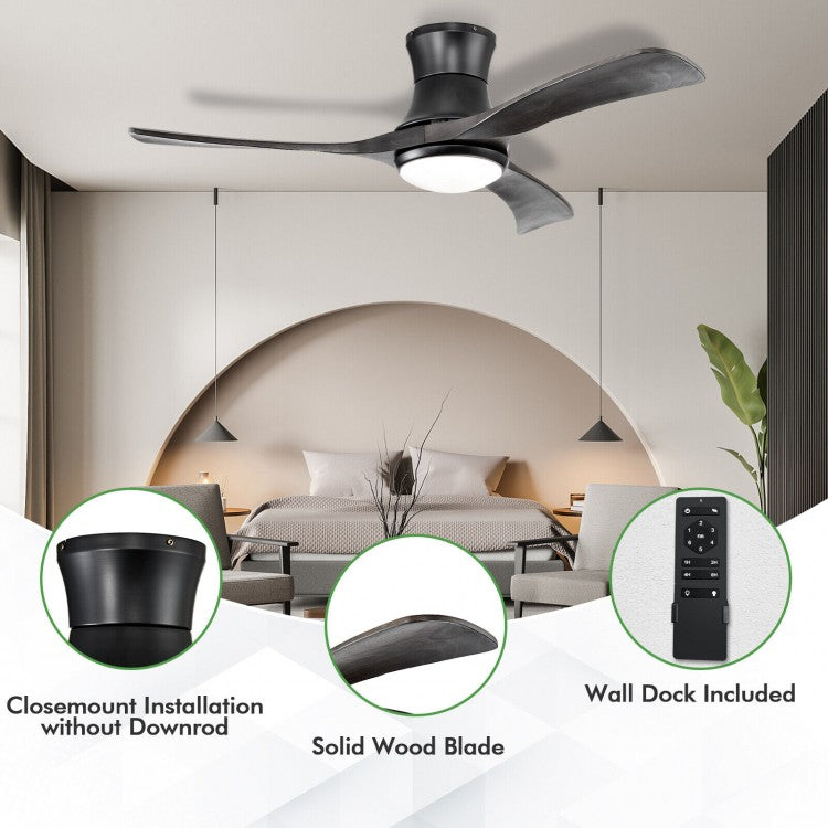 52 Inch Black Flush Mount Ceiling Fan with LED Light & Remote Control