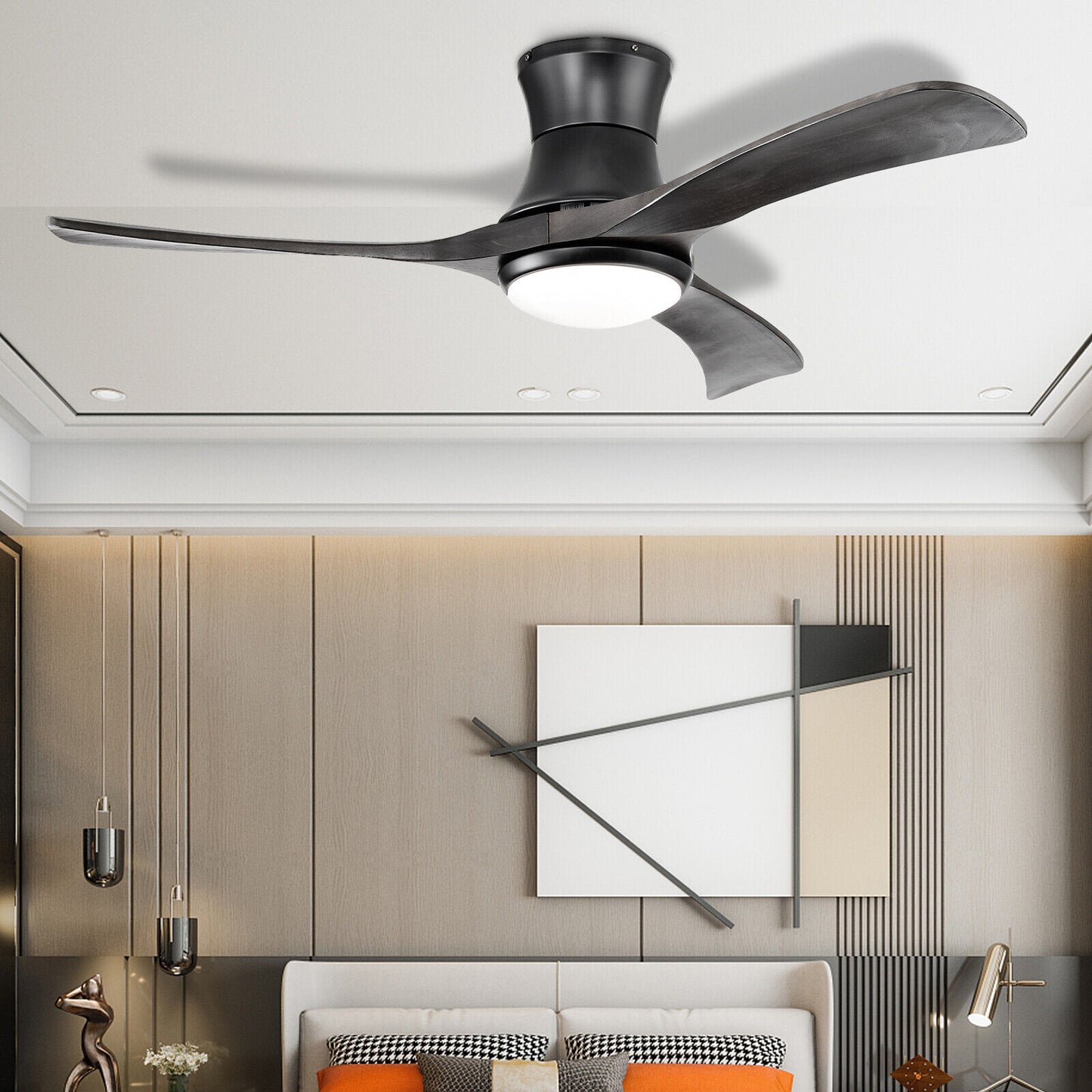 52 Inch Black Flush Mount Ceiling Fan with LED Light & Remote Control
